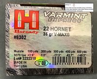 .22 Hornet  Hornady V-Max 35 grs.  25 Schuß