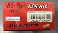 12/70 Rottweil Spezial Trap Schrot 2,4 mm 28 gramm  Nr. 7,5   25 Stück  ( Alt 2319105 )